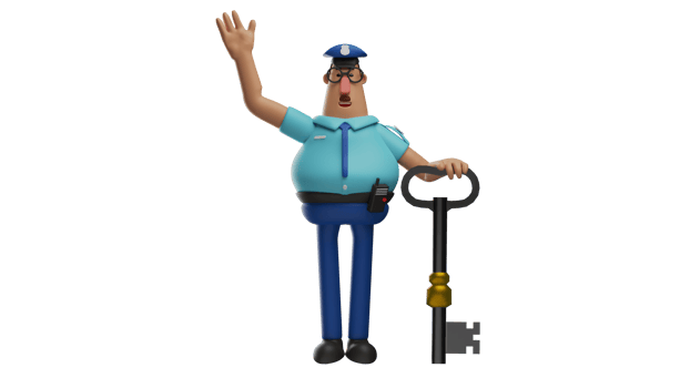 3D Illustration. The Police 3D Cartoon Character. The police stood while holding a giant key. Friendly police waved his hand with a sweet smile. 3D cartoon character png