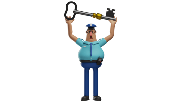 3D Illustration. The Handsome Police 3D cartoon character. The police stood up while lifting the giant key using both hands. The police will open something. 3D cartoon character png