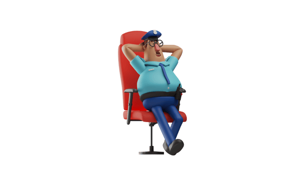 3D Illustration. Relax Police 3D Cartoon Character. The police is sitting in a red chair. The police wearing a blue uniform and seemed to close his eyes. 3D cartoon character png