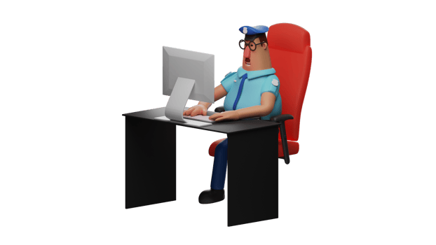 3D Illustration. Policeman 3D cartoon character. The police sat in the work chair. The police is working on his assignment on his computer. The police look serious. 3D cartoon character png