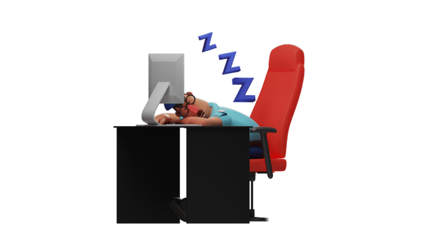 3D Illustration. The Sleepy Police 3D cartoon character. The police fell asleep at his desk. The police look exhausted and sleep in front of the computer. The police is relaxed. 3D cartoon character png