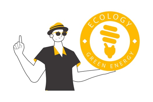 The guy holds the green energy logo in his hand. Linear style. Isolated on white background. illustration. vector