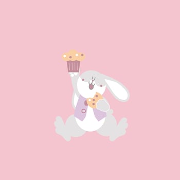 happy easter festival with animal pet bunny rabbit, cupcake and cookie, pastel color, flat vector illustration cartoon character