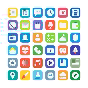 Mobile app icons, in flat style, for user interface, technology, design and communication needs. This includes messages, email, voice recording, weather, music, multimedia, games and others. vector