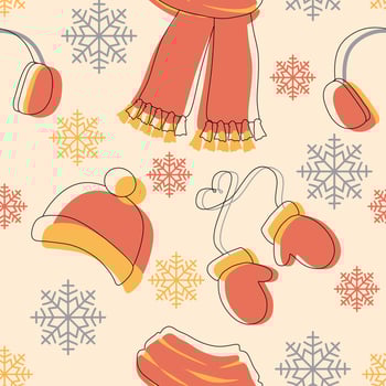 Seamless pattern with Winter clothes. Scarf, Hat, Mittens and Earmuffs on the background with snowflakes. Flat and Linear style. Vector Endless illustration for Template, Fabric, Textile, Banner.