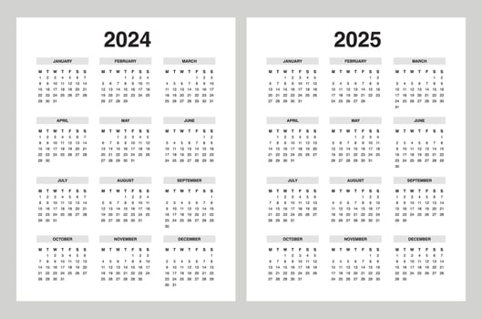 Simple calendar 2024, calendar 2025 week start Monday vector