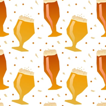 Patterning of draft beer mugs with foam on white background. Continuous repeat pattern vector