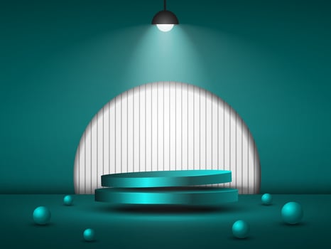 Realistic 3d cylindrical pedestal podium with semicircle background. Geometric platform abstract vector rendering. Product display presentation. Minimal scenes.