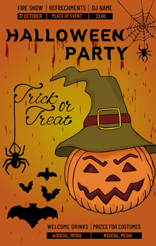 Halloween vertical background with pumpkin, spiders and bats. Flyer or invitation template for Halloween party. Vector illustration.