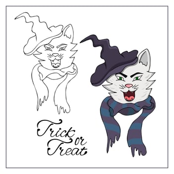 Angry halloween cat face illustration. Hand drawn colorful doodle evil cat in a hat and scarf. Halloween character for design, postcards, decoration. Cat face sticker. vector