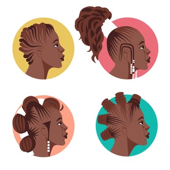 Set of faces of black women with different traditional African hairstyles. Great for avatars, beauty salons. Flat cartoon vector illustration