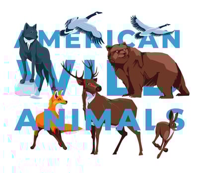 Common forest wild animals hare, fox, wolf, deer, Canada goose, bear standing on white background. National Natural Park. Vector flat illustration. A set of animals of the American continent.