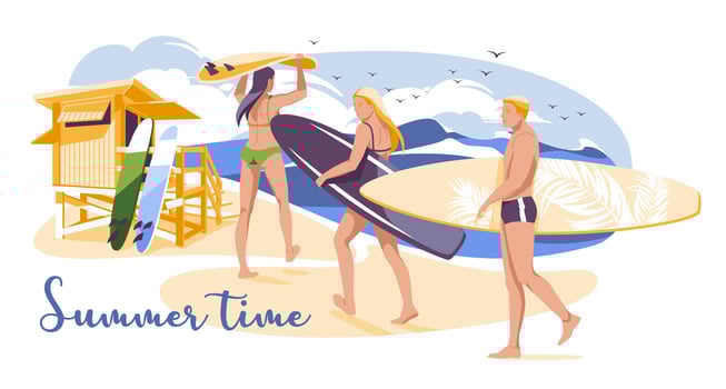 Summer surfing. Two young women go to the beach with surfboards on a background of large ocean waves.Flat vector illustration for summer sports activities and sea recreation hobbies
