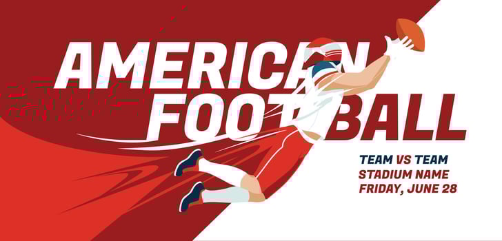 red poster of an American football player. Printed advertising of sports games. Abstract design concept. Vector flat illustration
