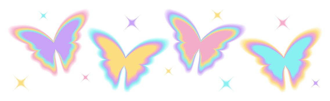 Y2k blurry gradient butterfly shape with sparkle or stars. Pastel holographic aura elements, aesthetic retro shapes with blur effect. Isolated vector illustration of 90s-2000s psychedelic style.