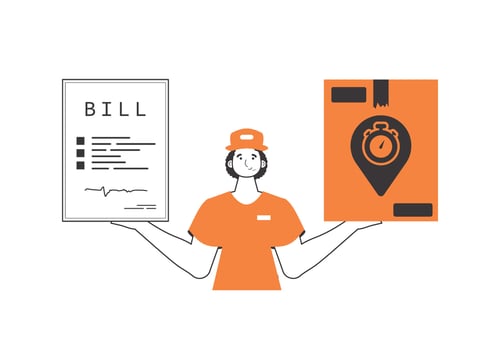 The guy holds a parcel and a check in his hands. Parcel delivery concept. Linear style. Isolated on white background. Vector illustration.