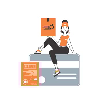 The girl sits on a bank card and holds a parcel. Parcel delivery concept. Linear modern style. Isolated on white background. Vector illustration.