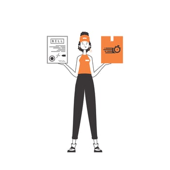 A woman holds a parcel and a check in her hands. Parcel delivery concept. Linear style. Isolated on white background. illustration. vector