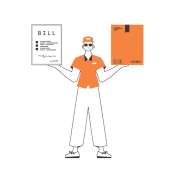 A man holds a parcel and a check in his hands. Parcel delivery concept. Linear modern style. Isolated on white background. illustration. vector