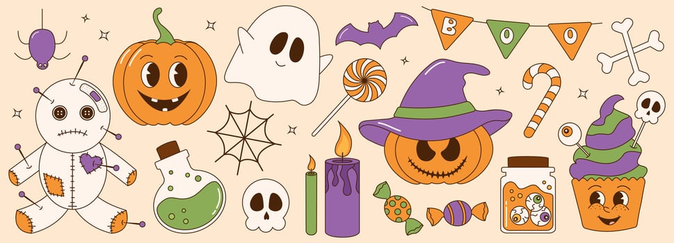 Groovy retro halloween sticker set. Trendy retro cartoon style. Comic cartoon characters and halloween elements. vector
