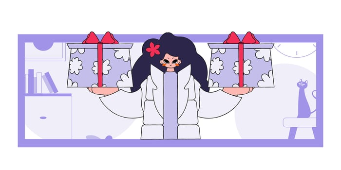 The concept of the holiday and gifts. The woman is holding gifts. Character in the style of the 90s. vector