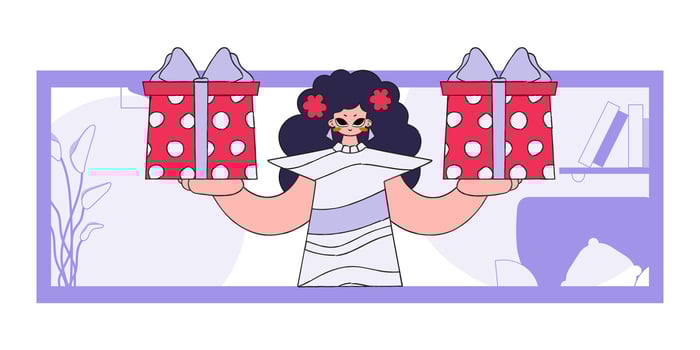 The concept of the holiday and gifts. A woman holds two gifts in her hands. Bright character in the style of the 80s and 90s. vector