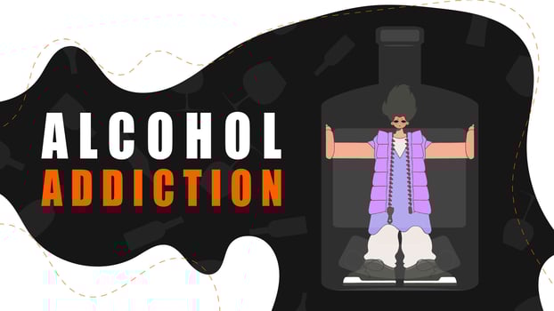 Banner Treatment for alcohol addiction. A man is a hostage inside a bottle. vector