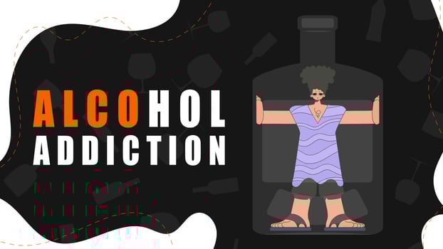 Banner Treatment for alcohol addiction. The man is inside the bottle. vector