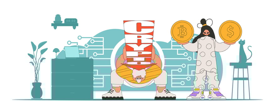 Digital money management concept. A team of people interact with crypto assets. vector