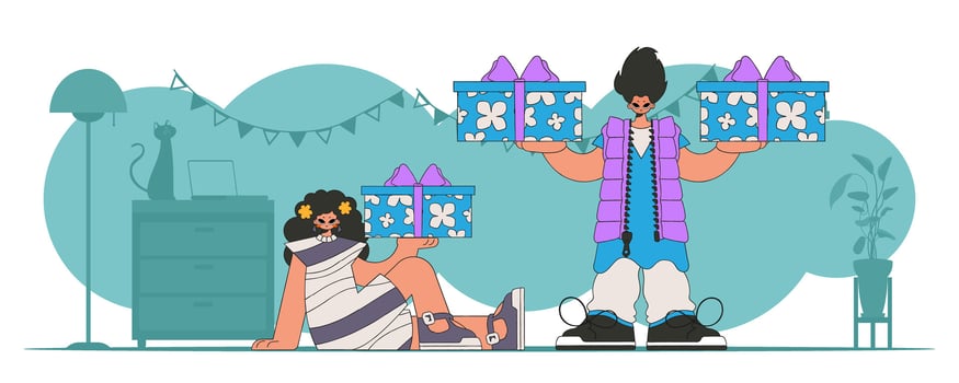 Boy and girl. holds a box with gifts in his hands. trendy style. Holiday gift. vector