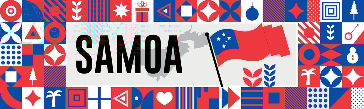 SAMOA national day banner with map, flag colors theme background and geometric abstract retro modern colorfull design with raised hands or fists. vector