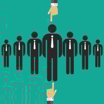 Choosing the best candidate for the job concept. Hand picking up a businessman from the row. Green background. Flat vector design