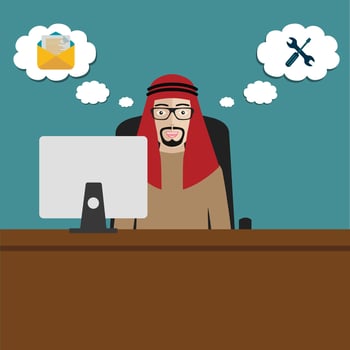Muslim businessman sitting at office desk, working. Flat vector illustration