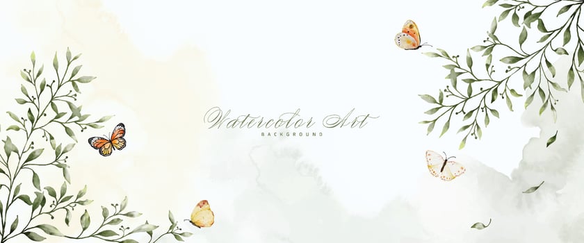 Abstract art watercolor foliage and butterflies painting background vector