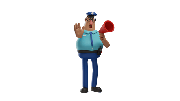 3D illustration. Policeman 3D cartoon character. The stern policeman was speaking using a loudspeaker. Policeman is making an announcement to his men. Police on duty. 3D cartoon character png