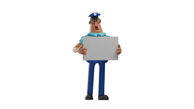 3D illustration. Adorable Police 3D cartoon character. Police wear blue uniforms and wear glasses. Cute policeman holding a white board with both hands. 3D cartoon character png