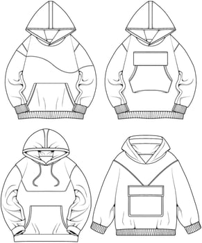 Oversized hoodie technical fashion illustration with relaxed fit, long sleeves. Flat outwear jumper apparel template. Women, men, unisex sweatshirt top mockup vector