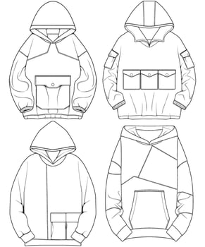 Oversized hoodie technical fashion illustration with relaxed fit, long sleeves. Flat outwear jumper apparel template. Women, men, unisex sweatshirt top mockup vector