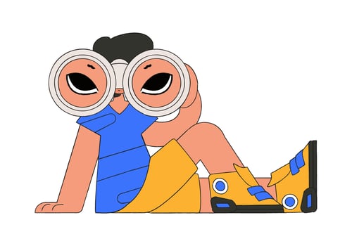 Attractive man holds in his hands and looks through binoculars. Company search for first-class employees. vector