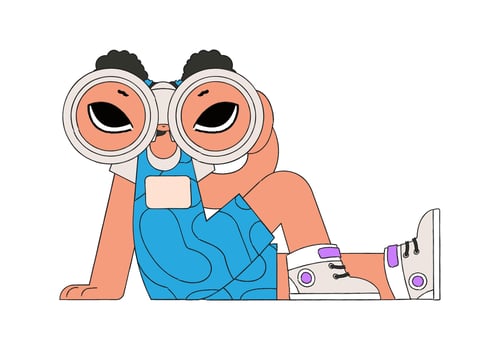 A young woman holds in her hands and looks through binoculars. Looking for a company of first-class employees. vector