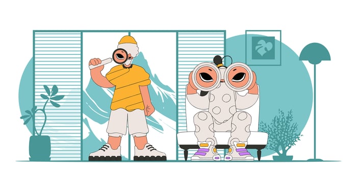 Young HR team holding binoculars and magnifier. HR theme. vector