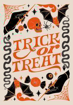 Trick or treat - lettering phrase. Hand drawn vintage poster with decorative spooky elements. vector
