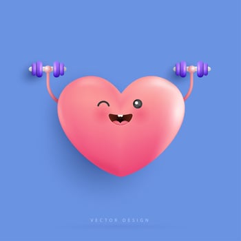 Cartoon heart character doing weight training for health. Exercise, lifting weights strengthens the heart. vector design.