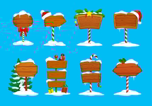Christmas cartoon wooden sign boards, banners set vector