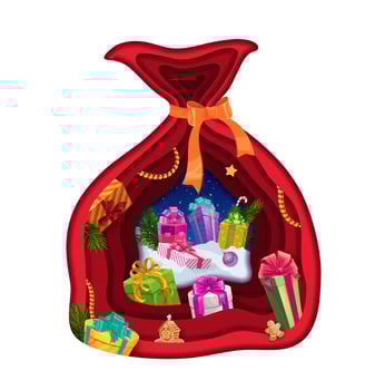 Christmas paper cut bag or gifts on snow 3d design vector