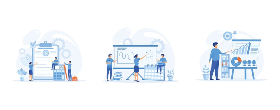 financial management concepts. Accounting, business plan. Business planning, teamwork communication. set flat vector modern illustration