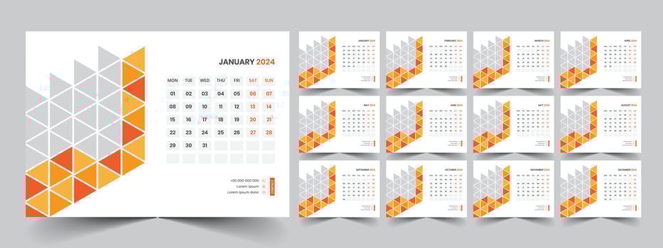 Calendar 2024 planner corporate template design set. Week starts on Monday. template for annual calendar 2024 vector