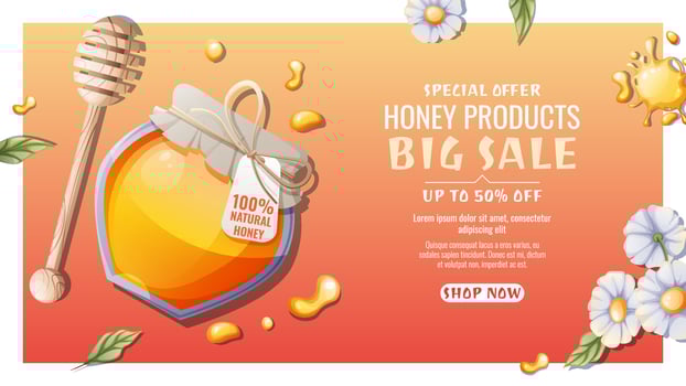 Honey jar with spoon, drops and flowers. Honey products from wild flowers. Discount banner, background, poster for honey shop. Natural, healthy product, sweetness, vector