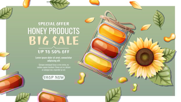 Honey jar with drops and sunflowers. Honey products from wild flowers. Discount banner, background, poster for honey shop. Natural, healthy product, sweetness, vector