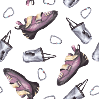 Grey chalk belt bag, sport climbing carabiner, bouldering shoe seamless pattern. Hand drawn illustration Boulder equipments Repeating design for wrapping paper, wallpaper png